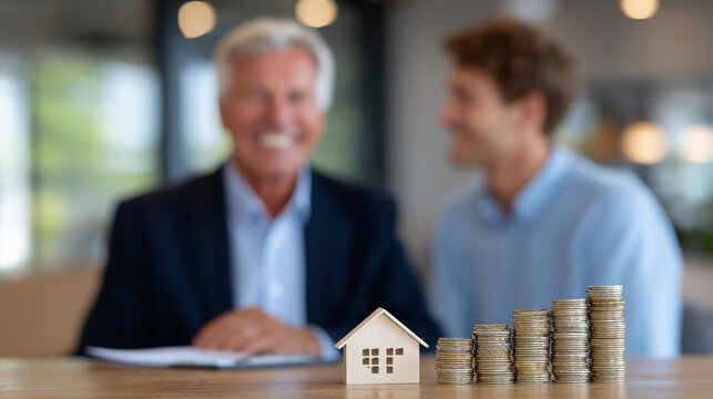 Modern office scene with a confident advisor explaining mortgage options to a young couple, with symbolic wooden house models and ascending coin piles arranged like a financial roa