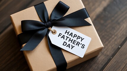 A tan gift box with black ribbon and happy father's day tag on a wooden surface top view