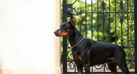 Doberman dog with chain collar standing at ornate iron gate with green garden behind. Elegant guard breed with alert posture and attentive expression for property security and protective services