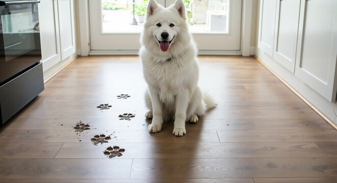 White samoyed dog sitting beside muddy paw prints on wooden floor. Concept of pet messes and cleanup solutions for home cleaning services and floor protection products