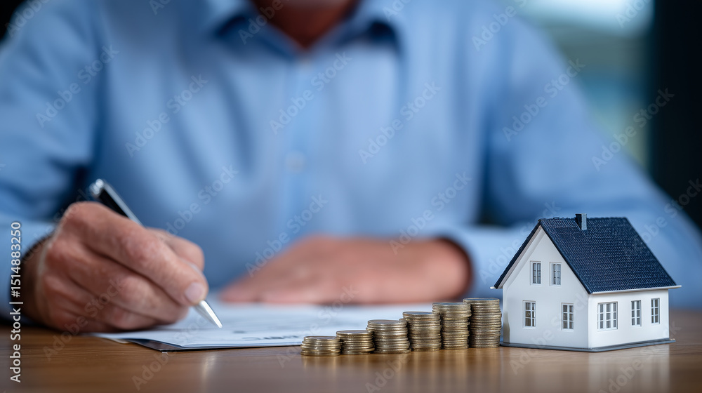 Poster side view of a business desk with a homeowner holding pen over signature line, advisor guiding the p