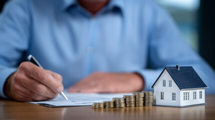 Fototapeta premium Side view of a business desk with a homeowner holding pen over signature line, advisor guiding the process, while a house model and coin stacks create a symbolic balance of home an