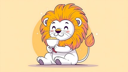 Cute lion eating cereal with cartoon.