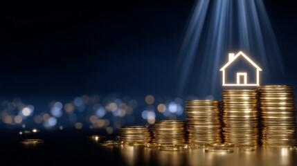 Glowing 3D house icon resting atop a towering stack of golden coins, radiant light beams emanating upward, set against a sleek dark gradient background symbolizing prosperity and r