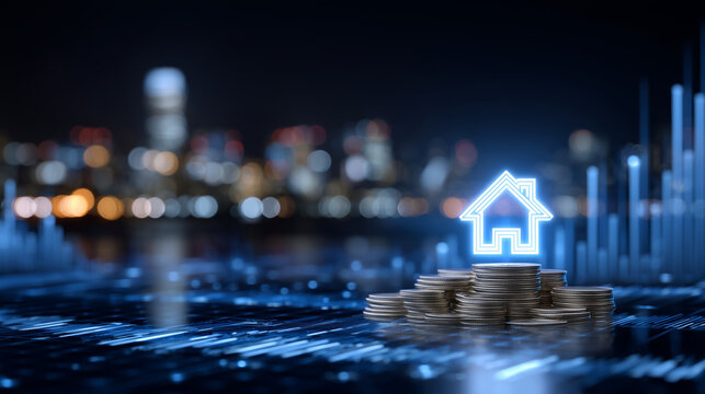 Digital art style showing a glowing house icon integrated with layered coins below, futuristic grid and holographic charts overlay, reflecting smart property investment and wealth