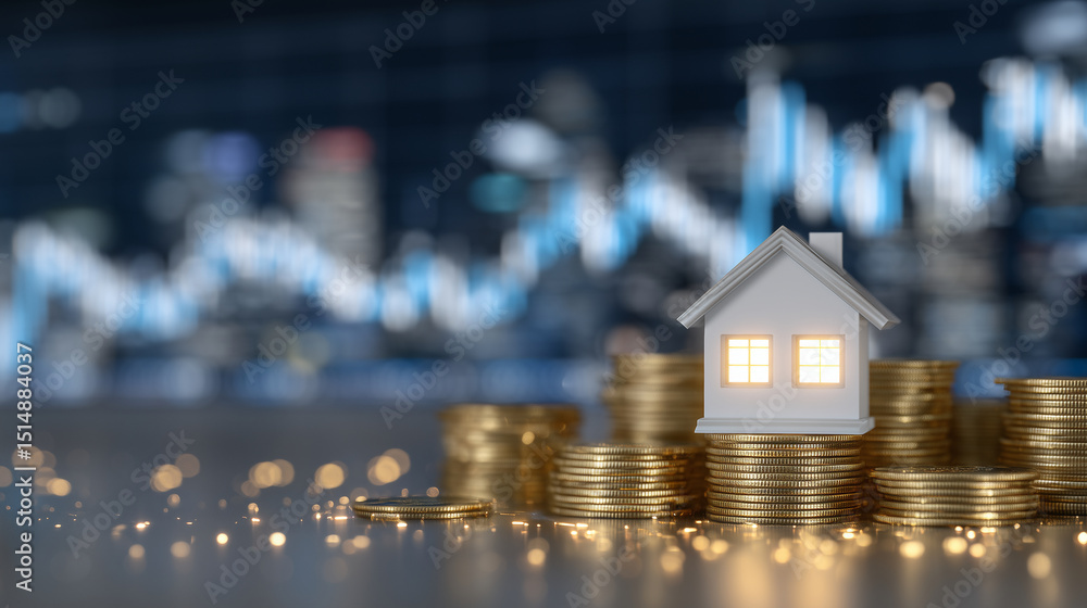 Poster conceptual image with a glowing house icon floating just above stacks of coins, light particles spar
