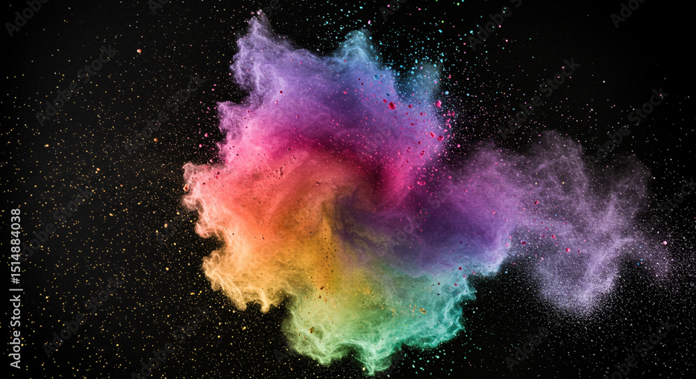 Poster abstract swirl of vibrant powdered pigments exploding mid-air over a textured black canvas backdrop 
