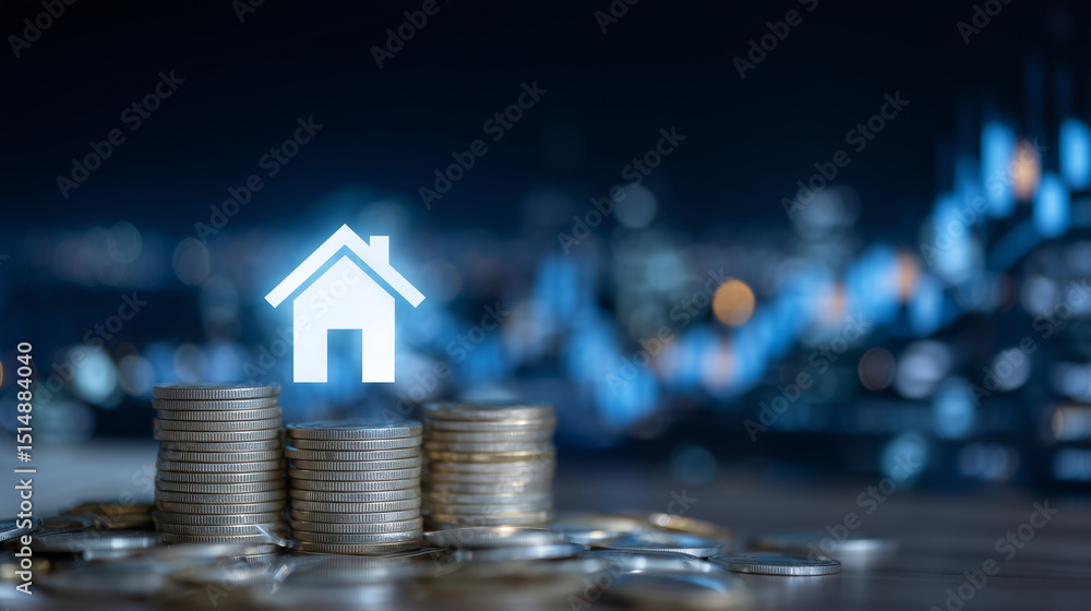Poster conceptual image with a glowing house icon floating just above stacks of coins, light particles spar