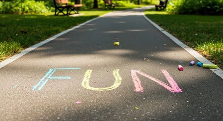 Colorful sidewalk chalk letters spelling FUN on asphalt park path with chalk pieces scattered nearby. Summer outdoor activity for children's play and recreational events