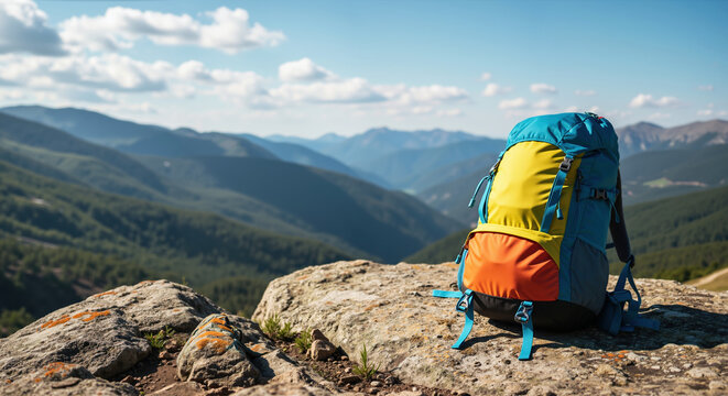 Colorful hiking backpack on mountain summit rock with panoramic valley view and blue sky. Essential outdoor equipment for summer trekking adventures. Symbol of exploration and wilderness experience