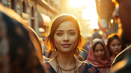 Fototapeta premium A radiant woman looks towards the viewer in a sunny, bustling city street with blurred background