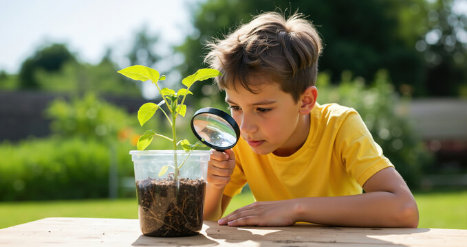 Curious boy in yellow shirt examining green plant with magnifying glass on wooden table. Scientific exploration and nature study concept for children education programs