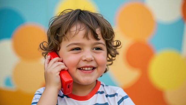 Smiling toddler boy with curly hair holding red toy phone against colorful blurred background. Communication play and childhood joy concept for toy promotions - Powered by Adobe