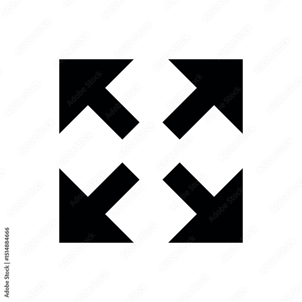 Poster full screen icon, four black arrows pointing outwards from the center of a square, commonly used as 
