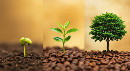 Coffee plant growth stages from sprout to mature tree with beans in background. Visual story of coffee cultivation process for sustainability campaigns and educational materials