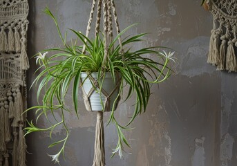 Obraz premium Hanging green plant in a decorative macrame holder against a textured wall with natural light illuminating the vibrant foliage and artistic textures