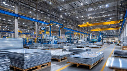 Fototapeta premium Wide factory floor view with towering piles of galvanized steel sheets and rolls, robotic arms and conveyor belts in motion, showcasing a bustling heavy industry environment
