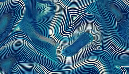 two tone retro wavy psychedelic lines and squares optical illusion repeating seamless pattern blue background digital art