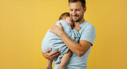 Father holding sleeping baby wrapped in light blue blanket against yellow background. Gentle caring moment showing paternal bond and protective embrace for Father's Day celebration