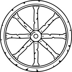 Obraz premium Ancient spoked wooden wheel illustration eight bone shaped spokes, circular rim, historical symbol, black outline
