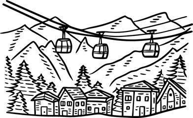 Fototapeta premium Mountain cable cars above alpine village winter resort gondola, snowy landscape, pine trees, hand drawn illustration