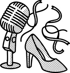 Vintage microphone and high heel shoe, retro performance, singing and fashion illustration