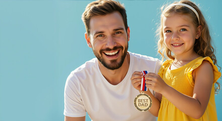 Father and daughter with medal saying "BEST DAD" against blue sky background. Father's day award celebration honoring paternal dedication and love