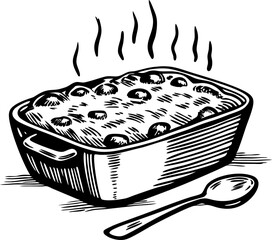 freshly baked casserole in oven dish with steam rising, vintage sketch style, comfort food illustration