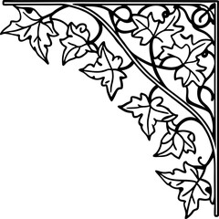 Decorative corner ornament with ivy leaves botanical outline, elegant curling vine, vintage art design