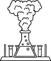 Boiling flask with bubbling chemical reaction and smoke, surrounded by laboratory test tubes on stand