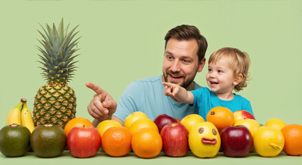 Fototapeta premium Father and child pointing at colorful fruits with pineapple and bananas. Healthy eating education and nutrition awareness. Father's Day promotions for family restaurants