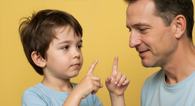 Father and son counting fingers during serious conversation against yellow background. Father's day teaching moment developing numerical skills and attentive communication