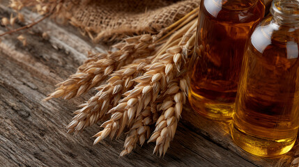 Soy oil bottles arranged in a triangular composition on a wooden surface, golden wheat stalks leaning gently against them, with industrial packaging elements subtly visible, mergin