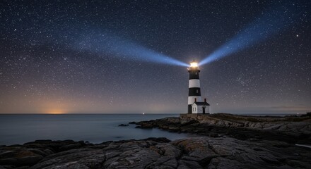 Majestic lighthouse shines brightly under starry night sky with ocean waves gently crashing against rocky shore, illuminating the horizon with its beams