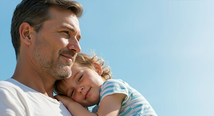 Fototapeta premium Smiling bearded father embracing curly blonde child against blue sky background outdoors. Joyful family bonding in nature. Father's Day outdoor recreation and travel promotions