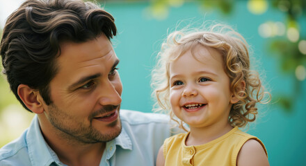 Smiling father with beard looking lovingly at laughing curly blonde toddler outdoors. Joyful paternal bond and happiness. Father's Day greeting cards and family services