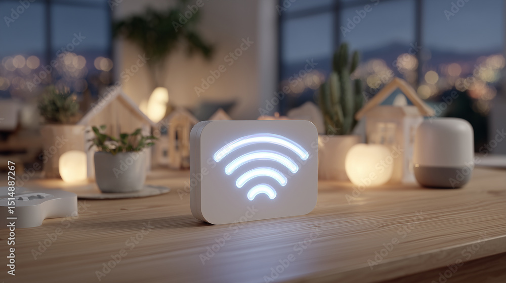 Poster wooden desktop setting featuring a modern router with a vivid neon signal icon projecting light upwa