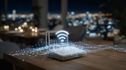 Contemporary Wi-Fi router on a wooden table with a three-dimensional glowing signal icon above, surrounded by animated graphics of data streams and connected devices, illustrating