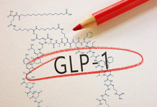 GLP-1 text circled in red pencil with Semaglutide chemical structure, on textured paper