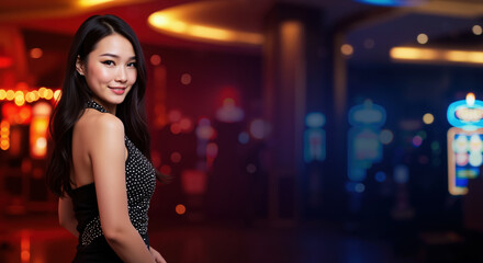 Smiling asian woman in black polka dot dress looks over shoulder in blurred casino interior. Elegant night out for gambling entertainment, casino promotions or upscale event invitations