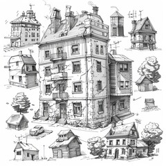 Obraz premium Detailed Sketch of Various Architectural Styles in a Black and White Illustration