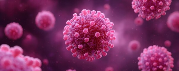 Health risks from exposure to infection. A close-up 3D rendering of pink viral particles floating in a purple background, representing a microscopic view of a virus.