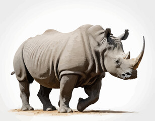 Obraz premium A Large Gray Rhinoceros Stands On A White Background