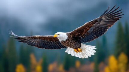 Obraz premium Majestic Bald Eagle in Flight over Autumnal Forest Landscape A powerful bird soaring gracefully with wings spread wide