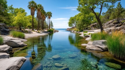 Fototapeta premium Serene Oasis Crystal Clear Water flows through a Rocky Riverbed Palm Trees and Lush Green Foliage
