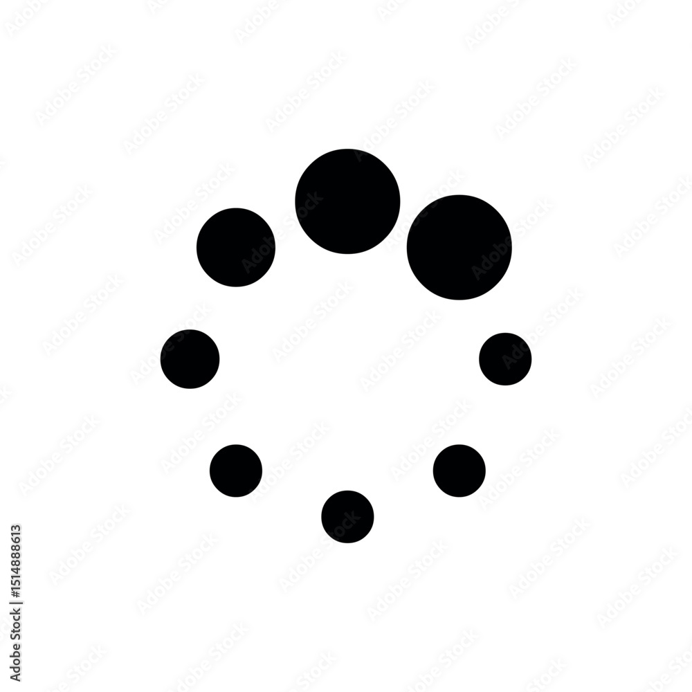 Poster black and white circles, loading spinner, a circular arrangement of black dots that vary in size, de