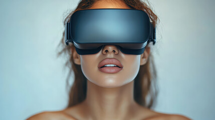 Naklejka premium Young Woman Wearing VR Headset Experiencing Virtual Reality