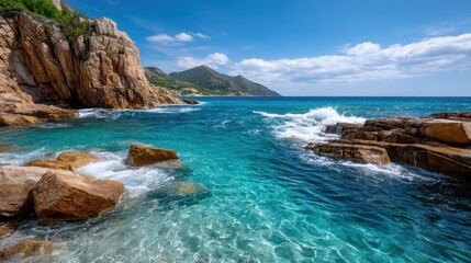 Fototapeta premium Stunning Turquoise Ocean Waves Crashing Against Rocky Coastline on a Sunny Day