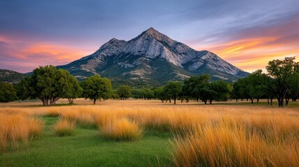 Naklejka premium Majestic Mountain Landscape at Sunset Golden Grasslands and Tranquil Trees