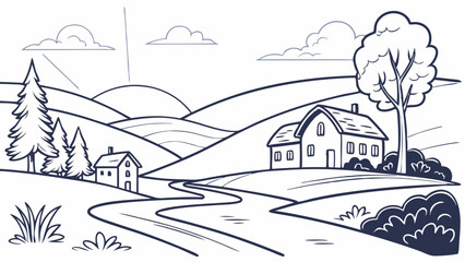 Serene Countryside Landscape Rolling Hills, Winding Road, and Cozy Homes Illustration
